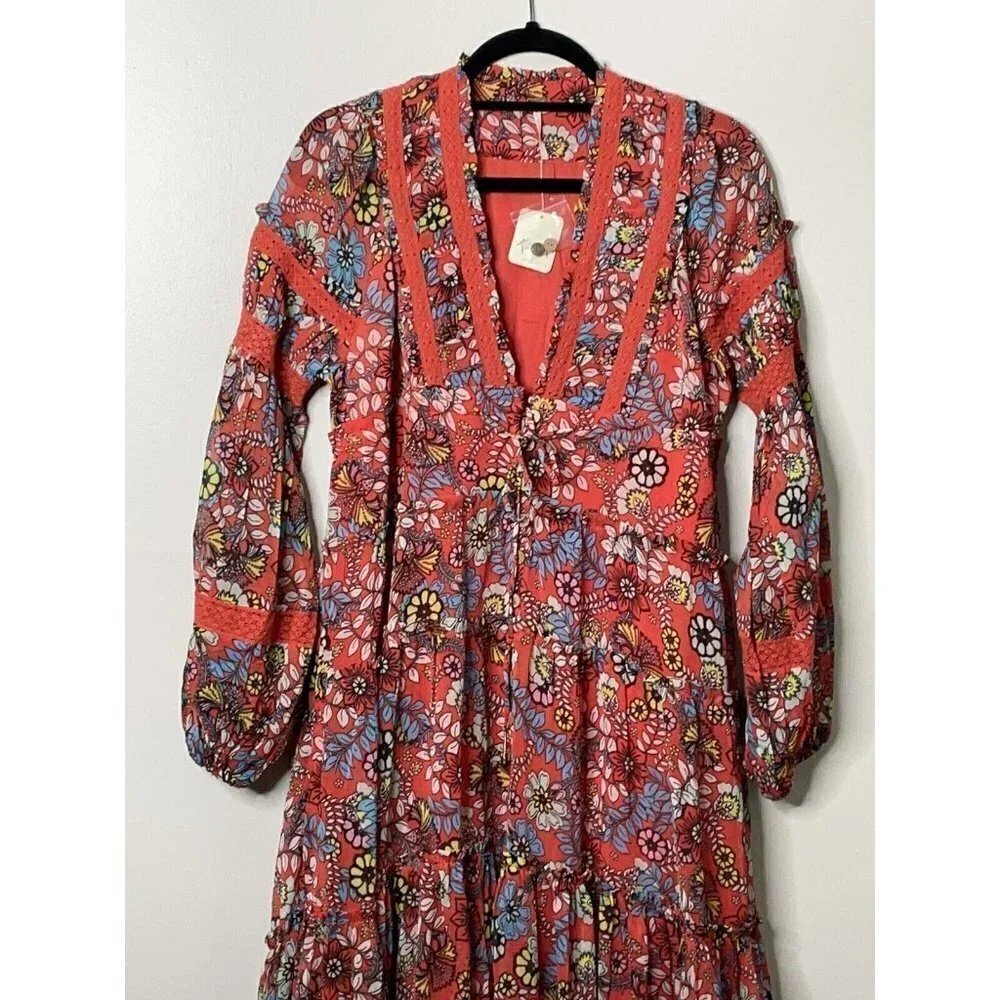 Free People Cassis Printed Chiffon Red Dress Flowy Maxi Party Size XS $168 NWT